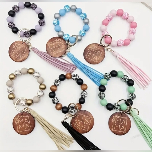 Wooden Beaded Mama Keychain Bag Charm With Pink Tassel - Picture 13 of 13